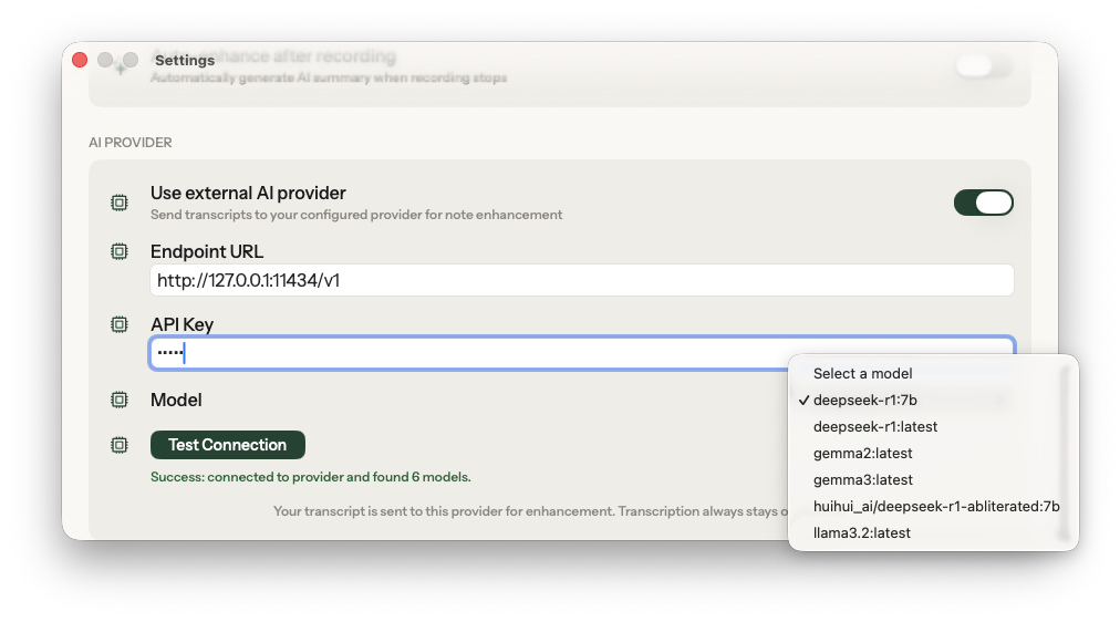 Oaken Notes AI Provider settings showing Ollama configured with local models